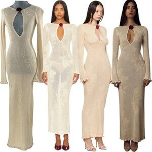 🆕 MIRROR PALAIS 🧿 NWOT Rose Pointelle Crochet Knit Dress, Soft Beige - Sz M